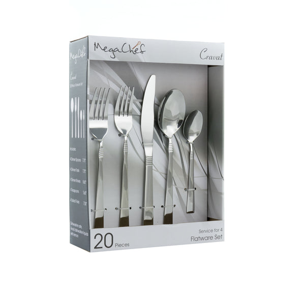 MegaChef Cravat 20 Piece Flatware Utensil Set, Stainless Steel Silverware Metal Service for 4 in Silver